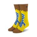 Pair of crew socks in yellow and brown. The socks feature a YooHoo chocolate drink design, with the logo prominently displayed.