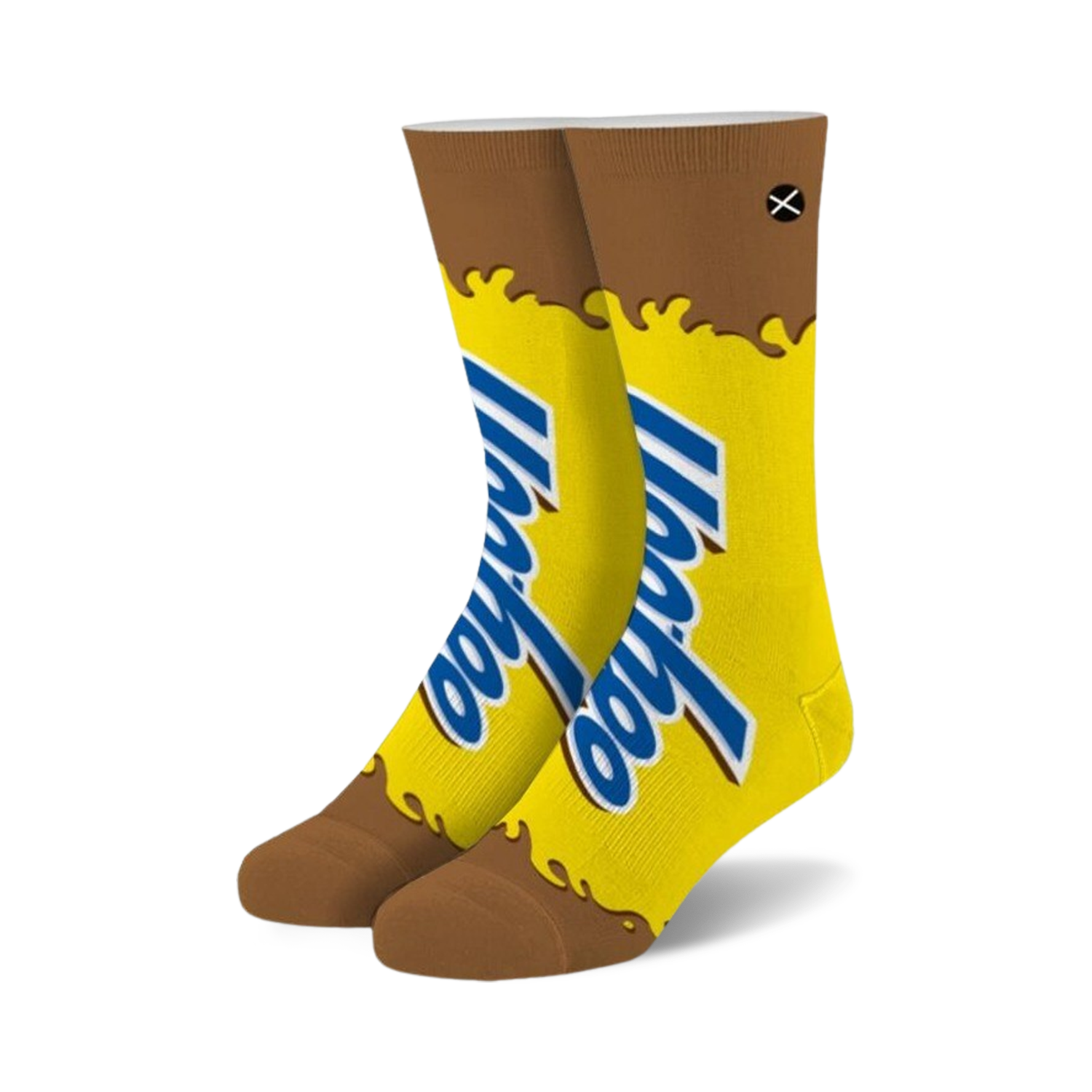 Pair of crew socks in yellow and brown. The socks feature a YooHoo chocolate drink design, with the logo prominently displayed.