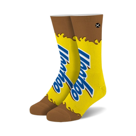 yellow crew socks with brown toe and heel, featuring yoohoo mascot.  