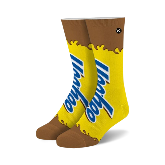 yellow crew socks with brown toe and heel, featuring yoohoo mascot.   }}