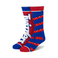 A pair of crew socks. One features the Twizzlers logo on a red background. The other shows red Twizzlers on a blue background. Both socks feature white accents.