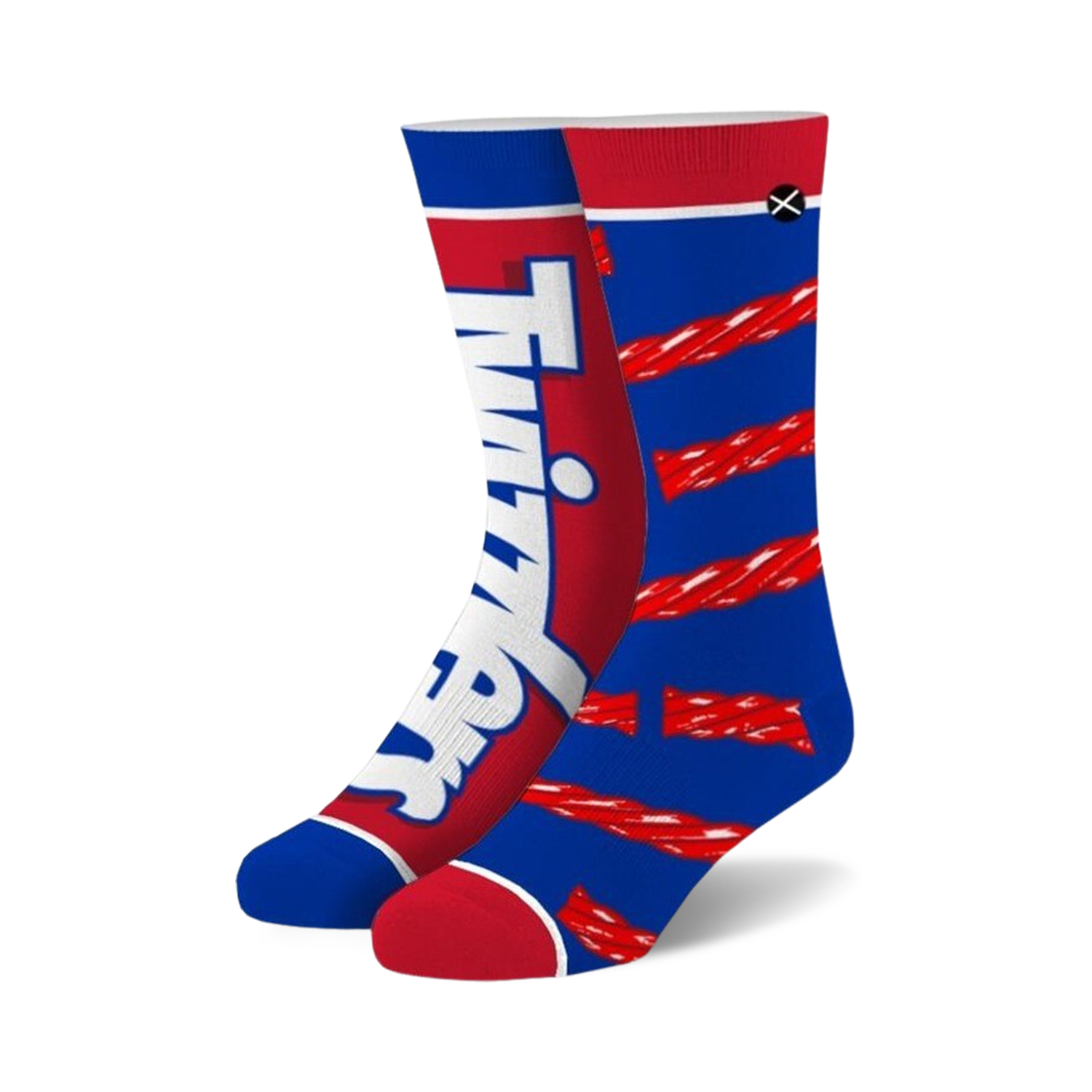 A pair of crew socks. One features the Twizzlers logo on a red background. The other shows red Twizzlers on a blue background. Both socks feature white accents.