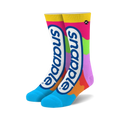 Pair of crew socks with a colorful Snapple-inspired design.  Features bright pink, orange, yellow, green, and purple color blocks with the Snapple logo.