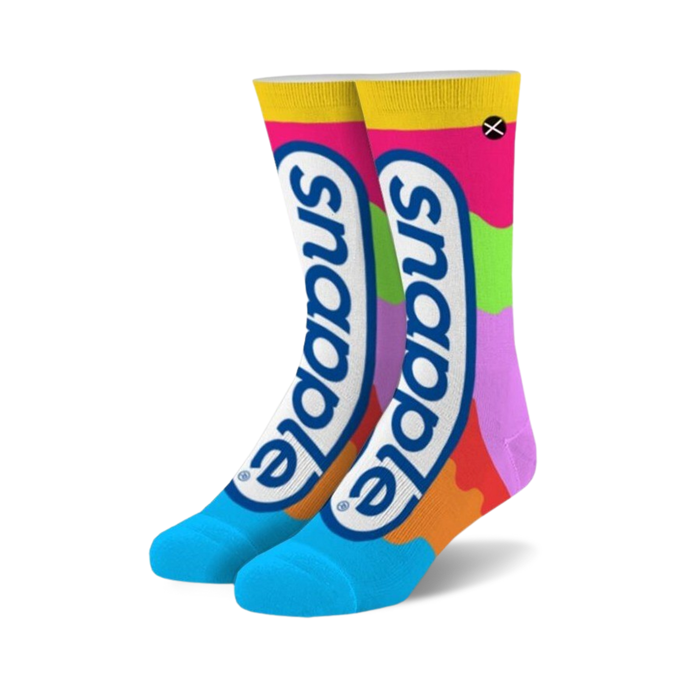 Pair of crew socks with a colorful Snapple-inspired design.  Features bright pink, orange, yellow, green, and purple color blocks with the Snapple logo.