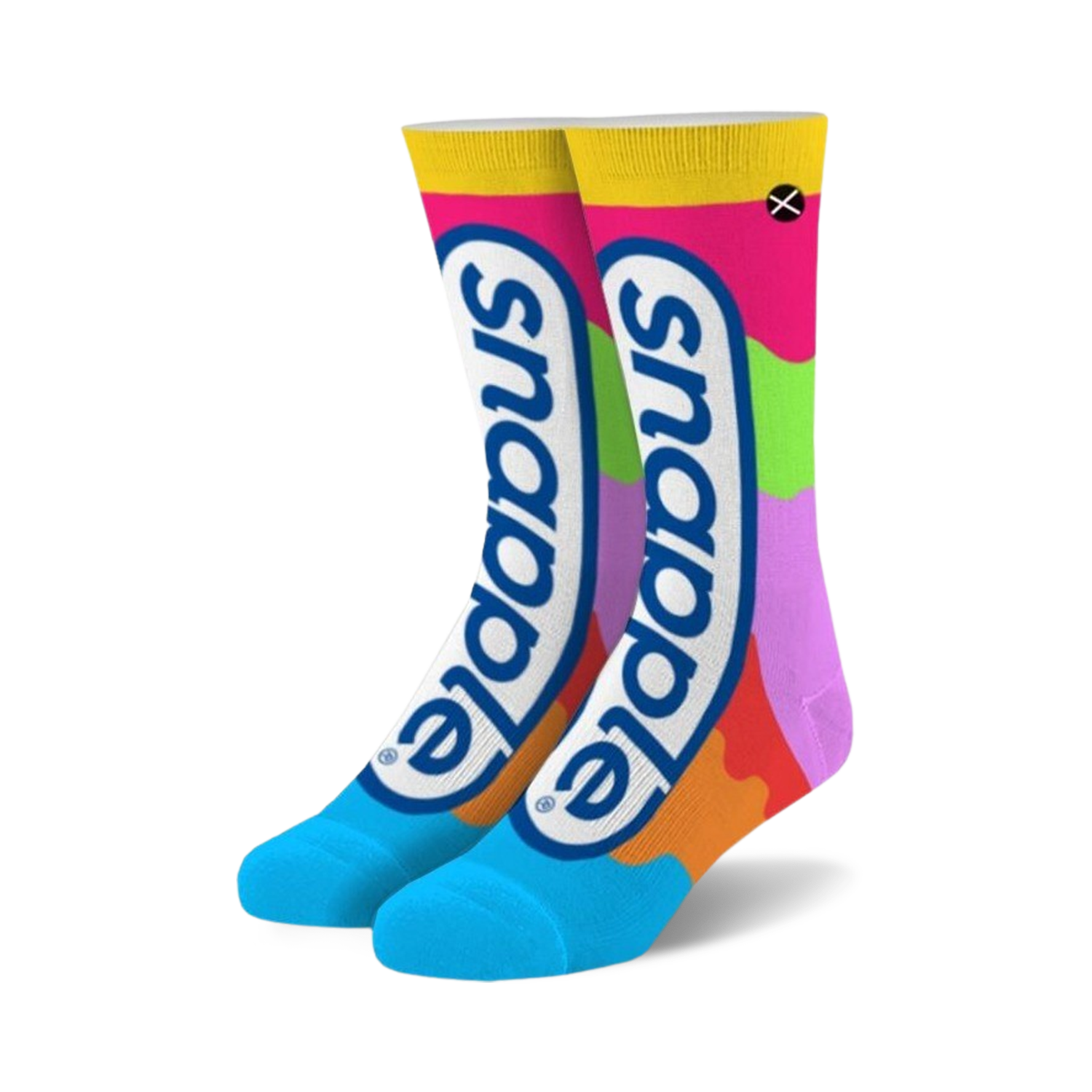Pair of crew socks with a colorful Snapple-inspired design.  Features bright pink, orange, yellow, green, and purple color blocks with the Snapple logo.