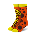 Crew socks in orange and yellow, featuring Reese's Peanut Butter Cups logo and chocolate pieces design.