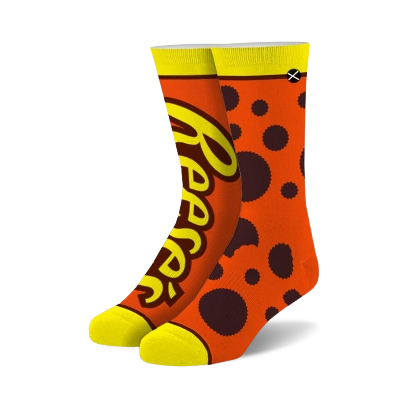 Crew socks in orange and yellow, featuring Reese's Peanut Butter Cups logo and chocolate pieces design.