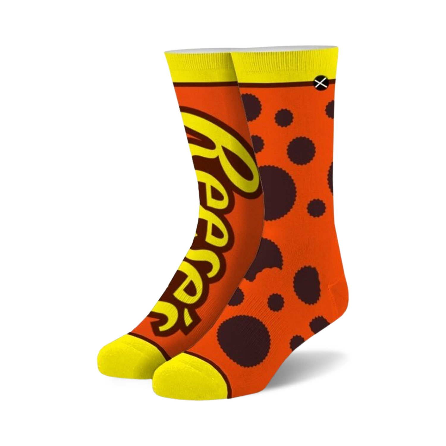 Crew socks in orange and yellow, featuring Reese's Peanut Butter Cups logo and chocolate pieces design.