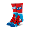 A pair of crew socks showcasing the Kool-Aid Man. The socks are predominantly red and blue with a half-stripe design and the Kool-Aid logo.