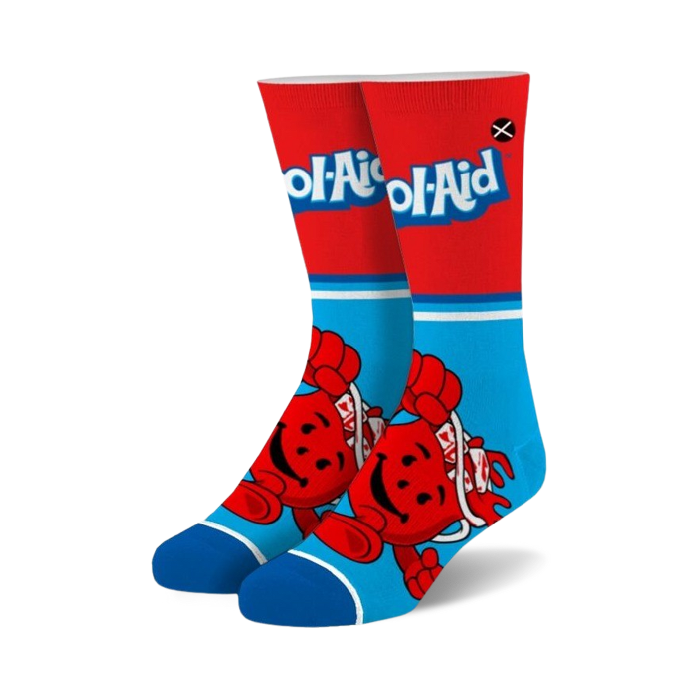 A pair of crew socks showcasing the Kool-Aid Man. The socks are predominantly red and blue with a half-stripe design and the Kool-Aid logo.