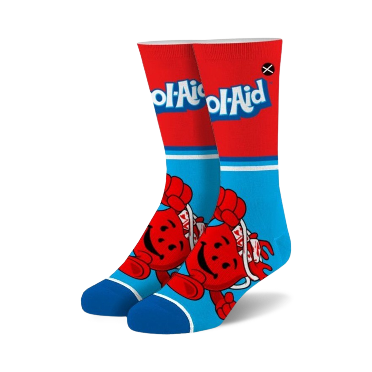 A pair of crew socks showcasing the Kool-Aid Man. The socks are predominantly red and blue with a half-stripe design and the Kool-Aid logo.