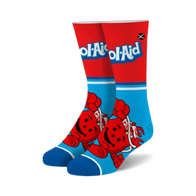 red and blue kool-aid crew socks featuring the kool-aid logo and mascot.   