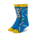 Crew socks in blue with yellow cuffs.  The design features Jolly Rancher candy wrappers in assorted colors.