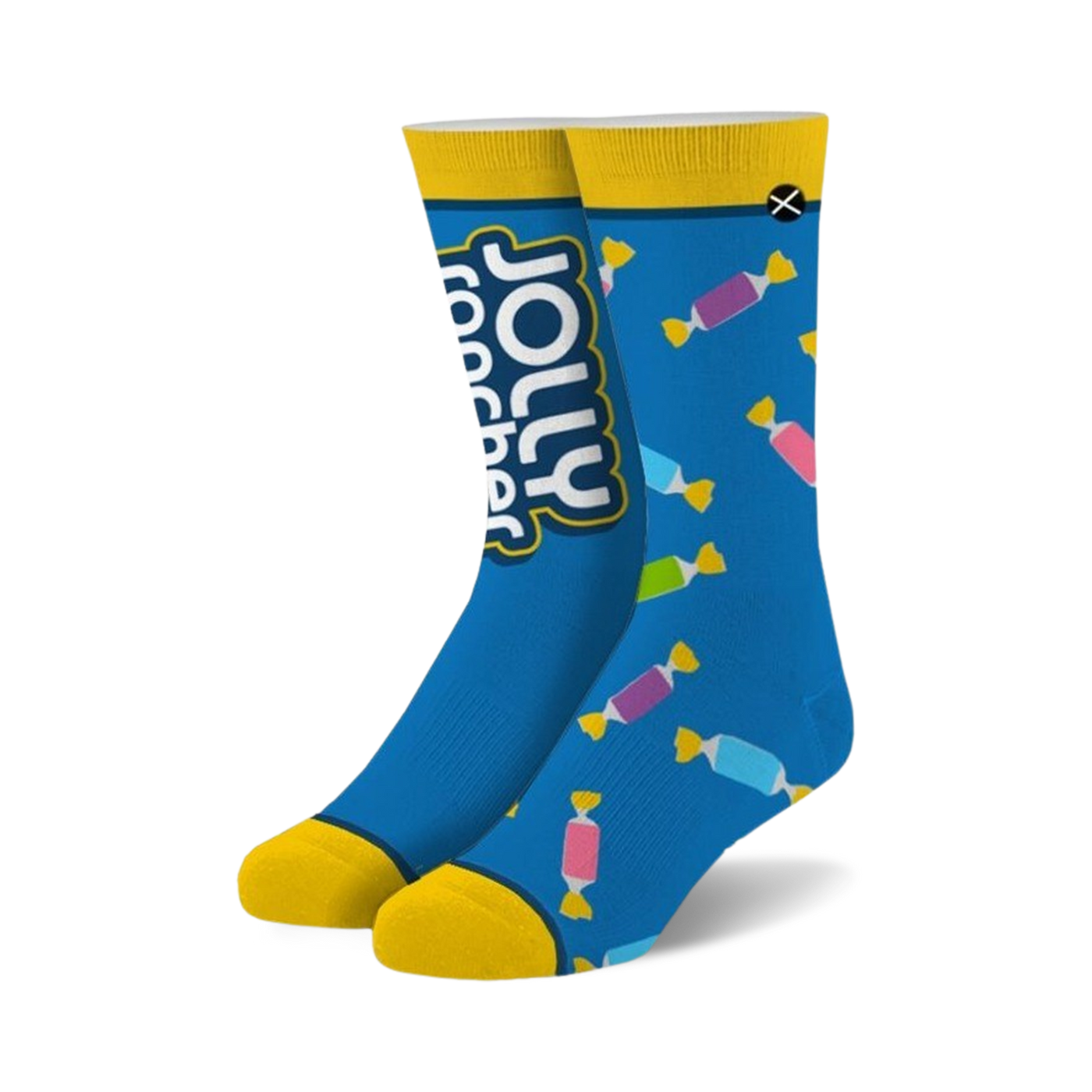 Crew socks in blue with yellow cuffs.  The design features Jolly Rancher candy wrappers in assorted colors.