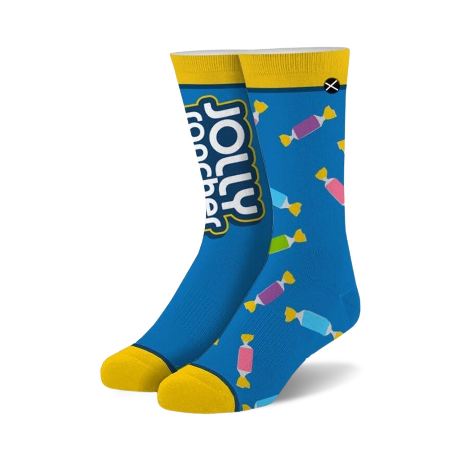 Crew socks in blue with yellow cuffs.  The design features Jolly Rancher candy wrappers in assorted colors.