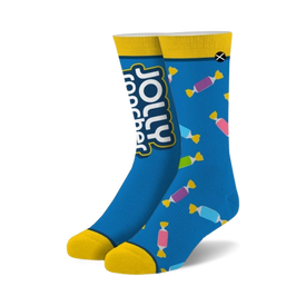 blue socks for men and women with colorful jolly rancher candy patterns.  