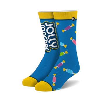 blue socks for men and women with colorful jolly rancher candy patterns.  