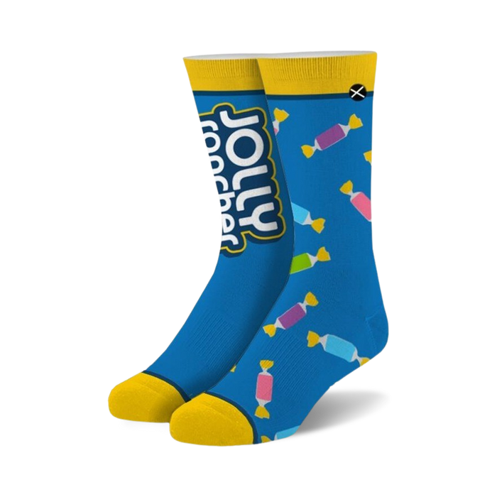 blue socks for men and women with colorful jolly rancher candy patterns.   }}