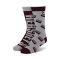 Pair of crew socks; grey background with brown Hershey's chocolate bar pattern and large Hershey's logo on the side.
