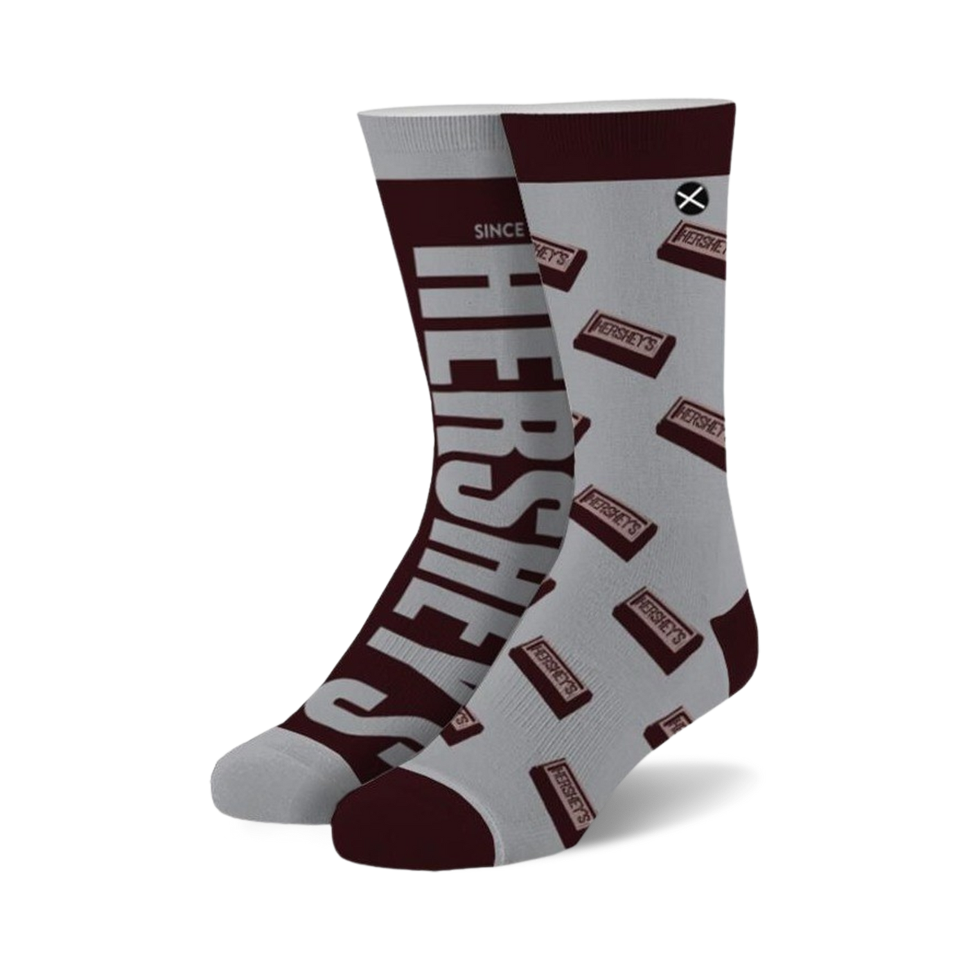 Pair of crew socks; grey background with brown Hershey's chocolate bar pattern and large Hershey's logo on the side.