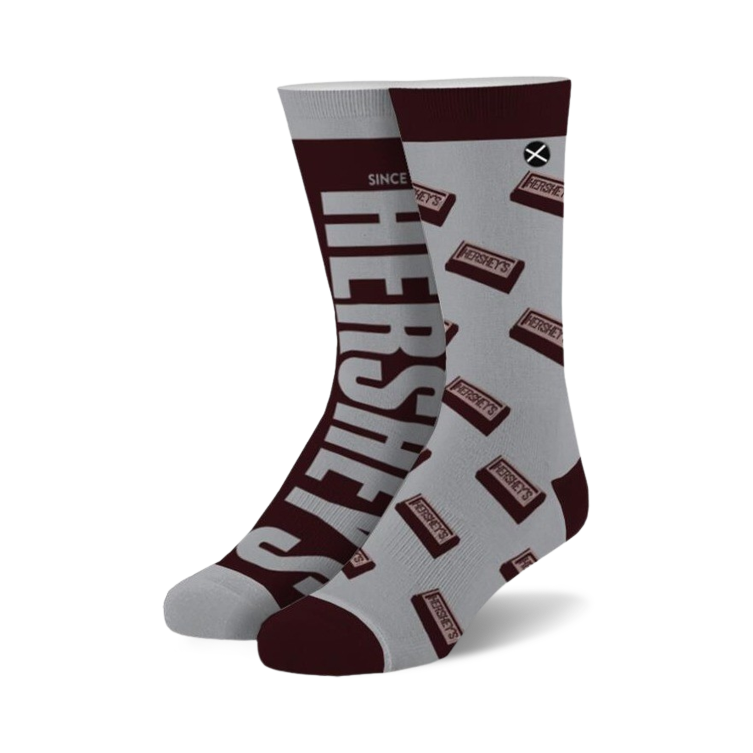 Pair of crew socks; grey background with brown Hershey's chocolate bar pattern and large Hershey's logo on the side.
