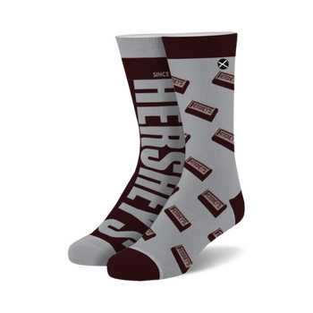 gray crew socks with hershey's chocolate bar pattern, brown toes, heels, and cuffs. for men and women.   