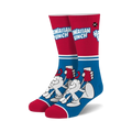 Pair of crew socks in red and blue. Features a graphic of the Hawaiian Punch mascot and 'Hawaiian Punch' text.