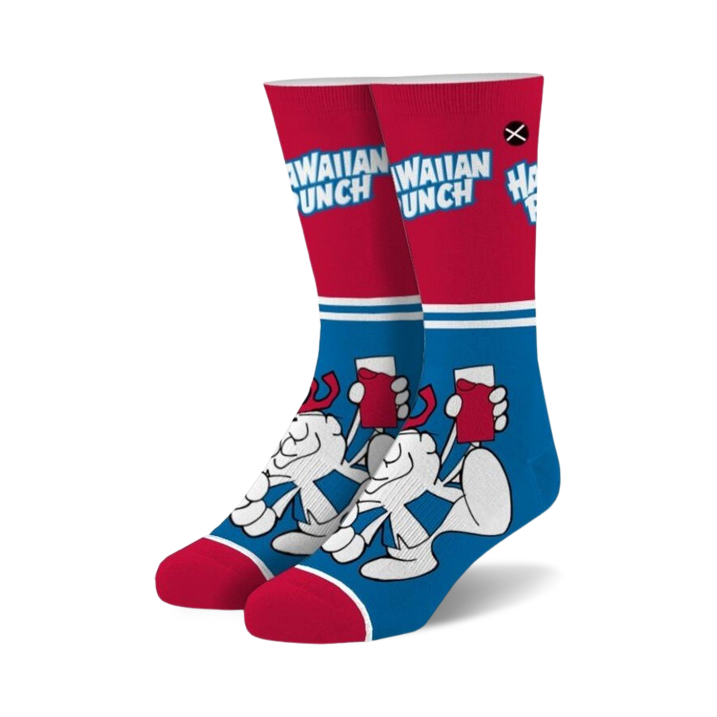 Pair of crew socks in red and blue. Features a graphic of the Hawaiian Punch mascot and 'Hawaiian Punch' text.