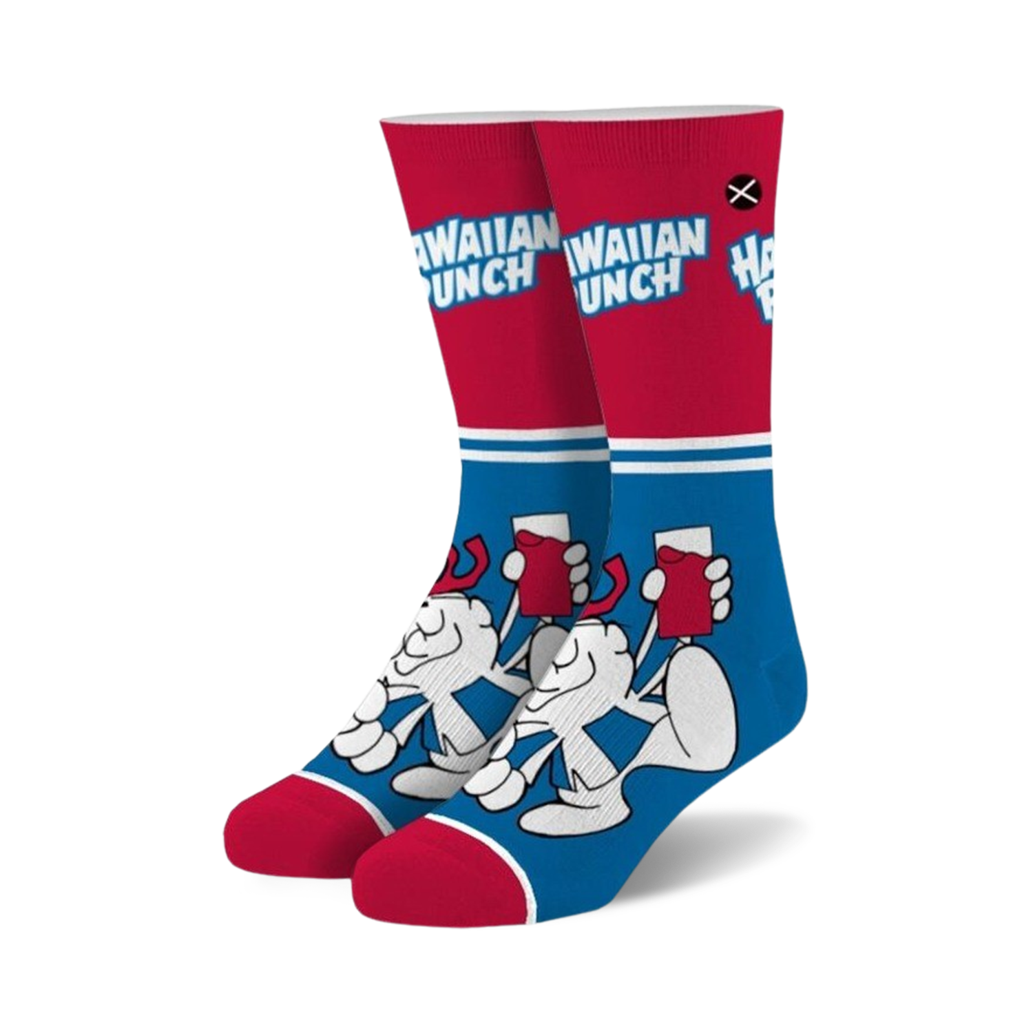Pair of crew socks in red and blue. Features a graphic of the Hawaiian Punch mascot and 'Hawaiian Punch' text.