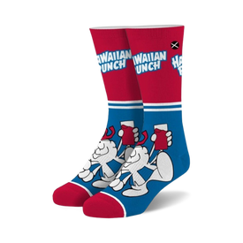 red and blue socks with cartoon character drinking hawaiian punch. crew length. men's, women's.  