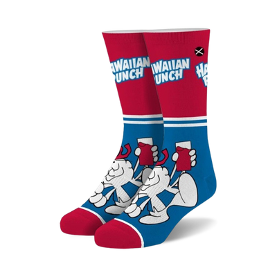 red and blue socks with cartoon character drinking hawaiian punch. crew length. men's, women's.  