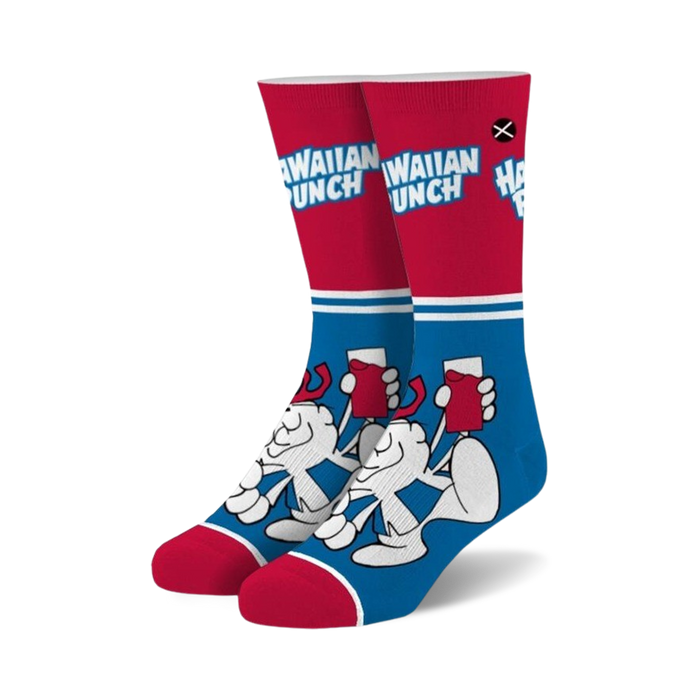 red and blue socks with cartoon character drinking hawaiian punch. crew length. men's, women's.   }}