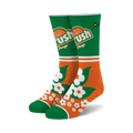 Pair of crew socks in orange and green.  Features a retro Crush Orange soda design and a floral pattern on the cuff.