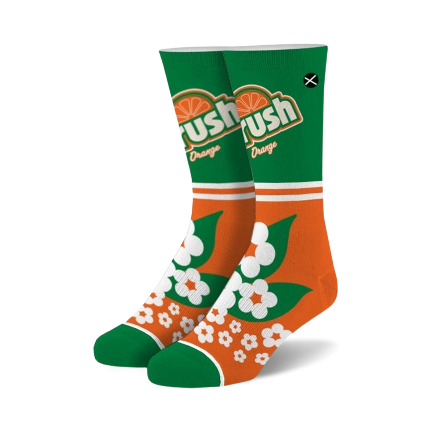 Pair of crew socks in orange and green.  Features a retro Crush Orange soda design and a floral pattern on the cuff.