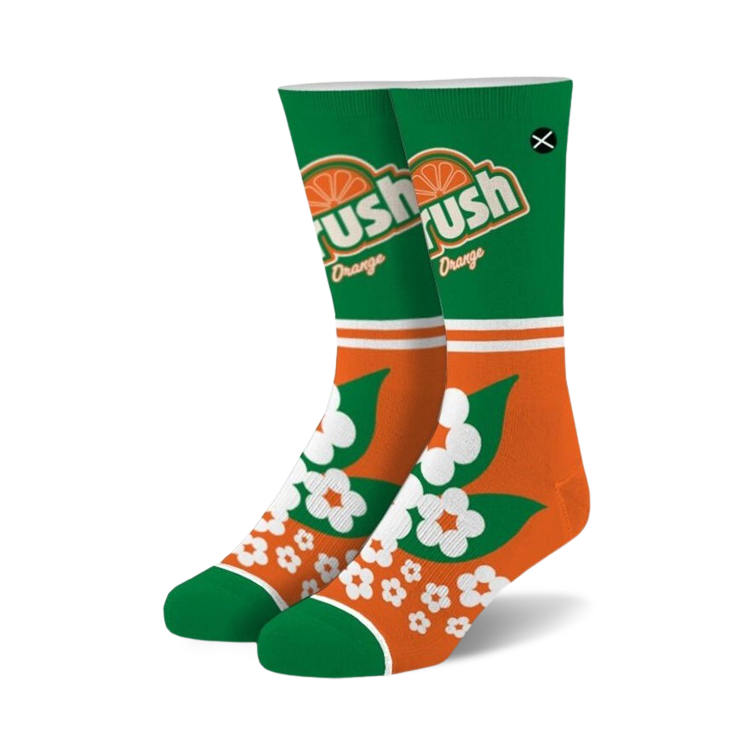 Pair of crew socks in orange and green.  Features a retro Crush Orange soda design and a floral pattern on the cuff.