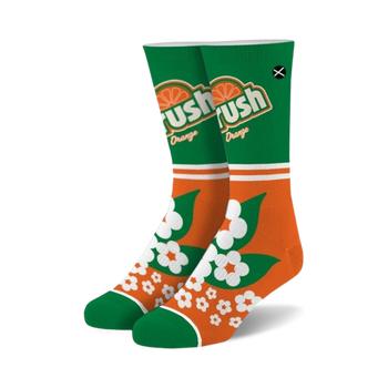 green and orange crush-themed crew socks for men and women feature a white flower pattern and the word "orange" in green letters.   