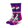 A pair of purple crew socks with a white stripe, Crush Grape logo, and a green and white floral design.