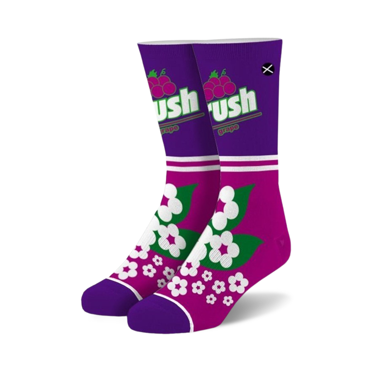 A pair of purple crew socks with a white stripe, Crush Grape logo, and a green and white floral design.