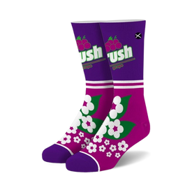 purple crew socks with white toe, heel, top and stripe. grape in white letters along the top, green leaves, white flowers on stripe.  