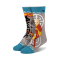 Crew socks in gray, blue, red, and orange, featuring Aang from Avatar: The Last Airbender, flames, water designs, and Asian script.