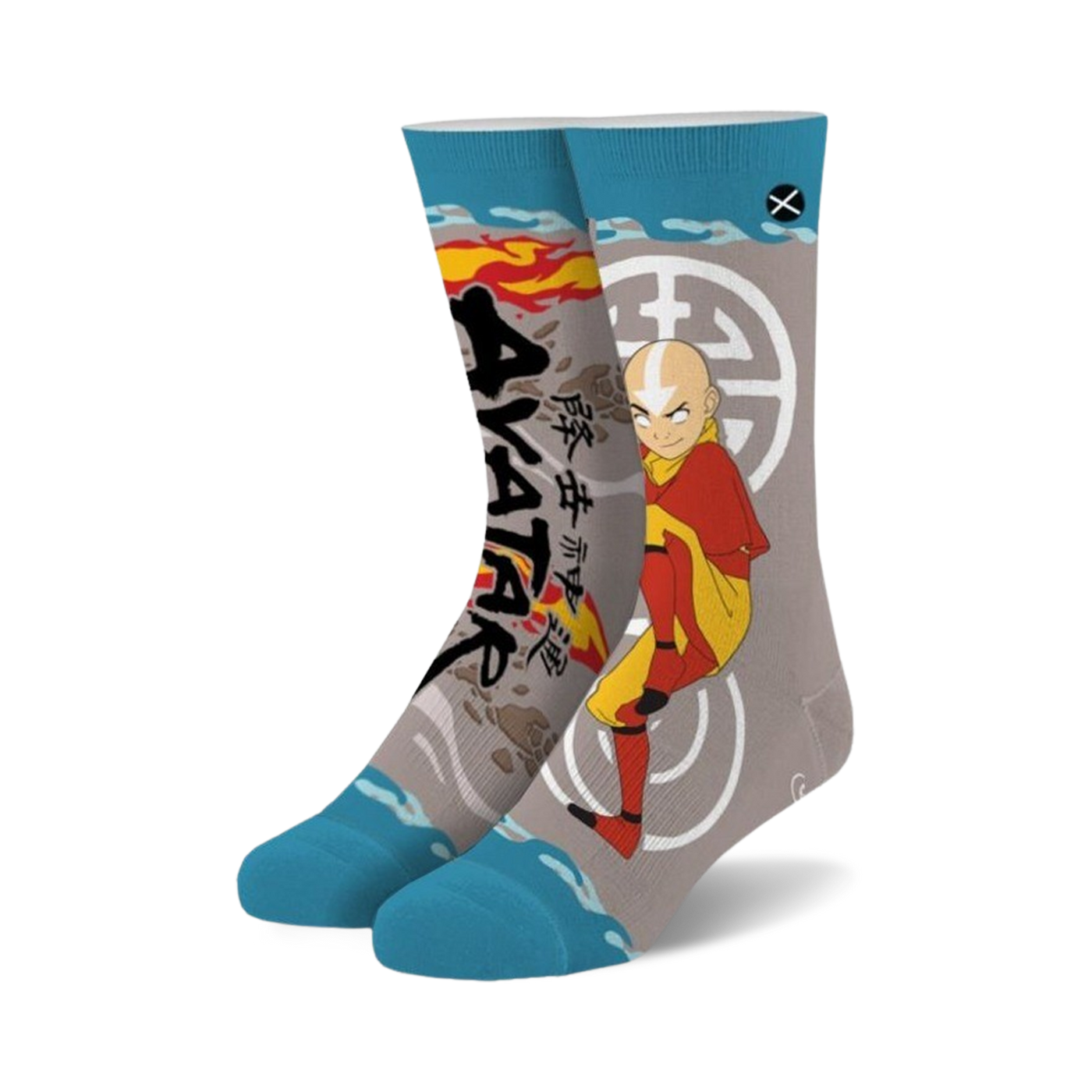 Crew socks in gray, blue, red, and orange, featuring Aang from Avatar: The Last Airbender, flames, water designs, and Asian script.