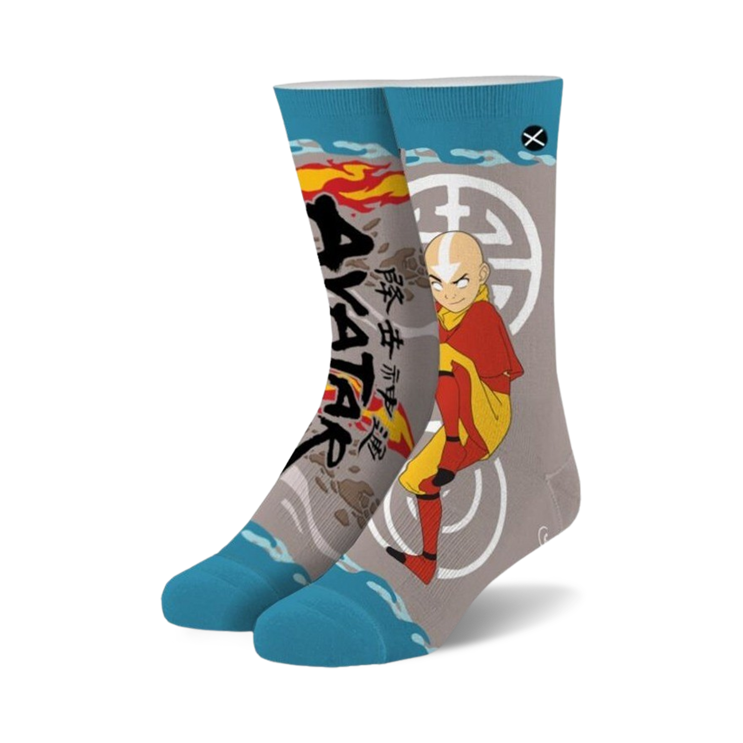 Crew socks in gray, blue, red, and orange, featuring Aang from Avatar: The Last Airbender, flames, water designs, and Asian script.