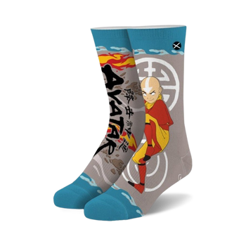 gray crew socks feature aang from avatar: the last airbender in orange and yellow outfit on blue background.  