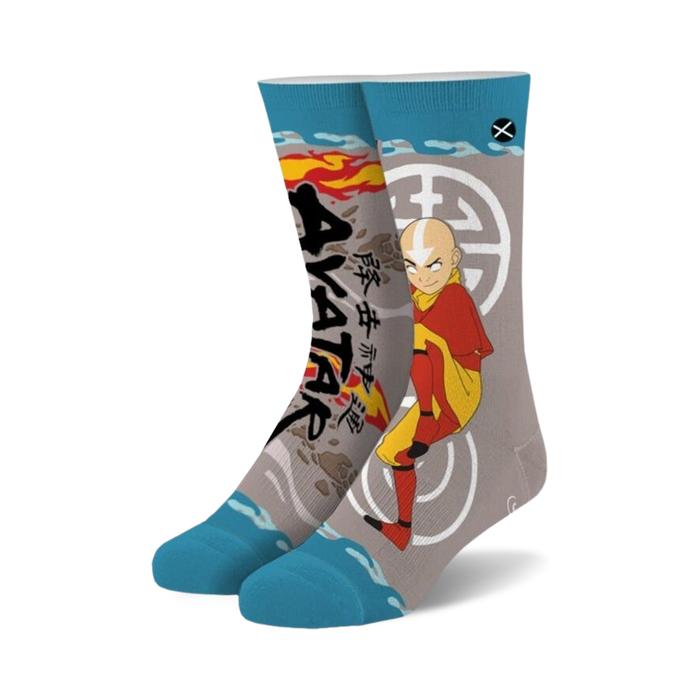 gray crew socks feature aang from avatar: the last airbender in orange and yellow outfit on blue background.   }}