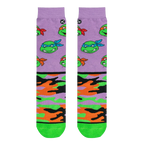Flatlay showcasing a pair of TMNT Turtle Camo crew socks.  The image highlights the sock's design details.