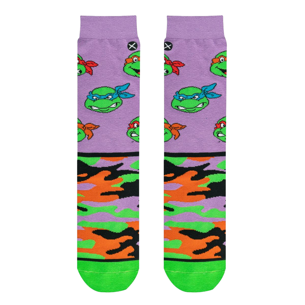 Flatlay showcasing a pair of TMNT Turtle Camo crew socks.  The image highlights the sock's design details.