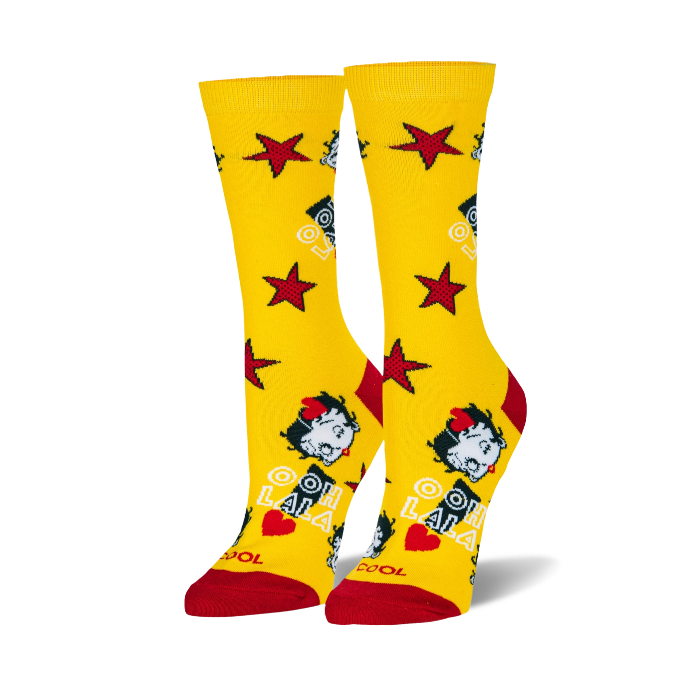 Pair of women's crew socks, yellow with red stars, Betty Boop images, and 'Ooh La La' text.