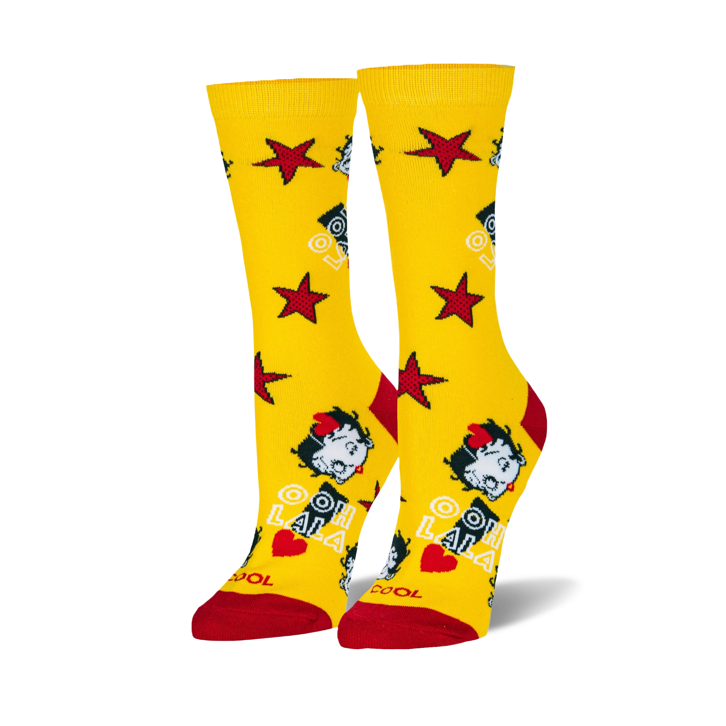 Pair of women's crew socks, yellow with red stars, Betty Boop images, and 'Ooh La La' text.