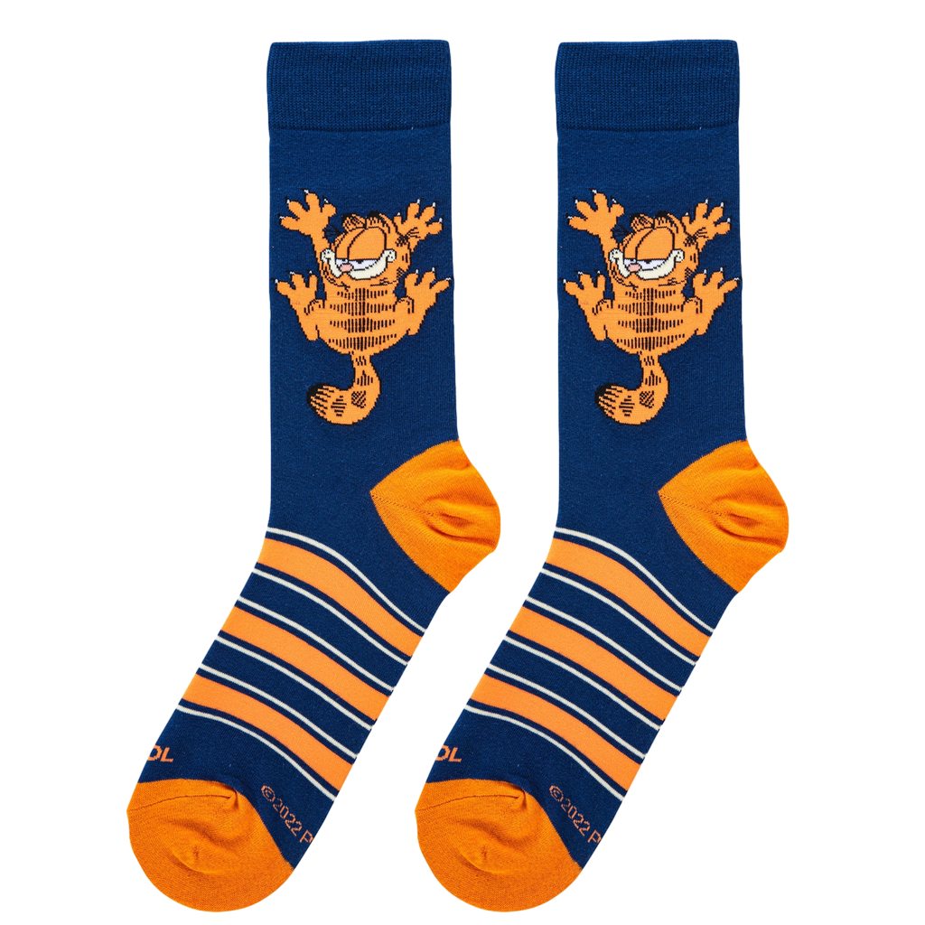 Flatlay showcasing Garfield Climbing socks, highlighting the sock details and colors.