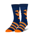 Pair of crew socks; navy blue with orange stripes and a Garfield climbing graphic.